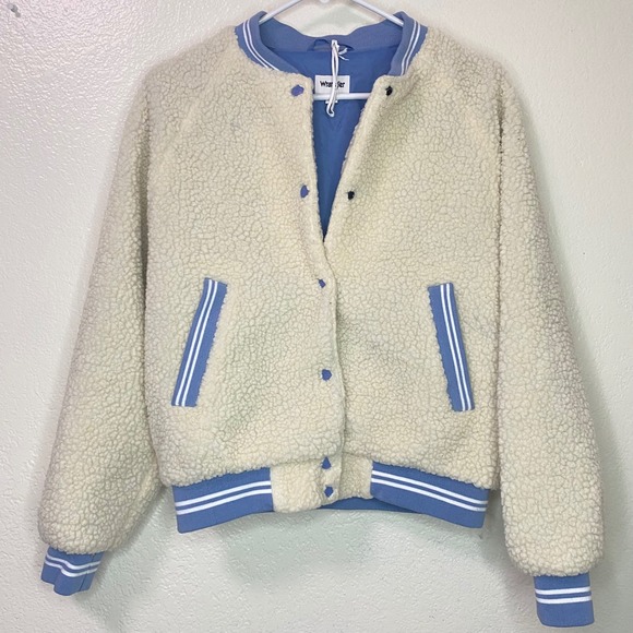 Wrangler Jackets & Blazers - Wrangler Womens Sherpa Bomber Jacket Cream Blue Logo Varsity Size Small